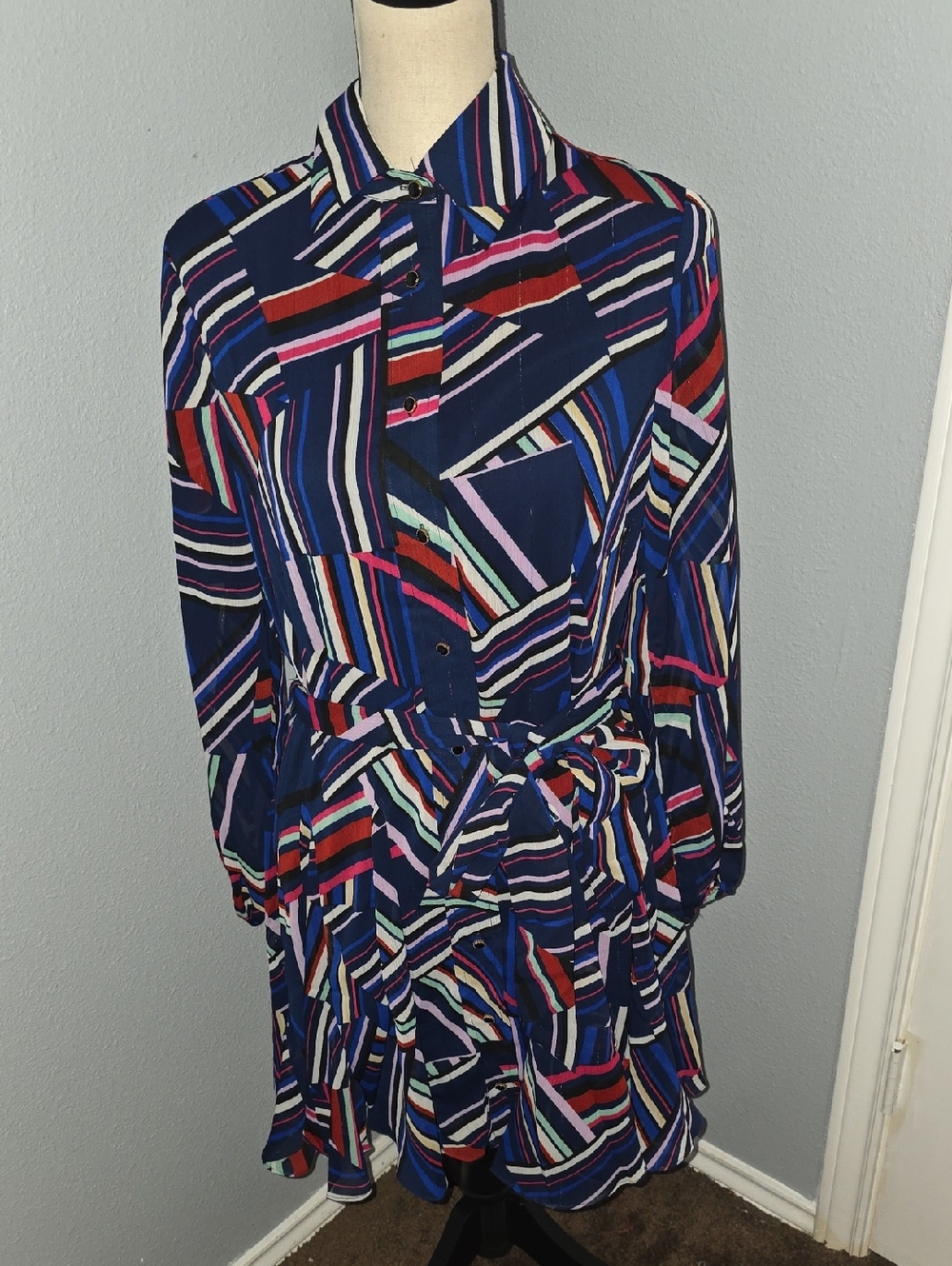 NWT eesome Navy Multicolor Striped Long Sleeve Shirt Dress SZ S
